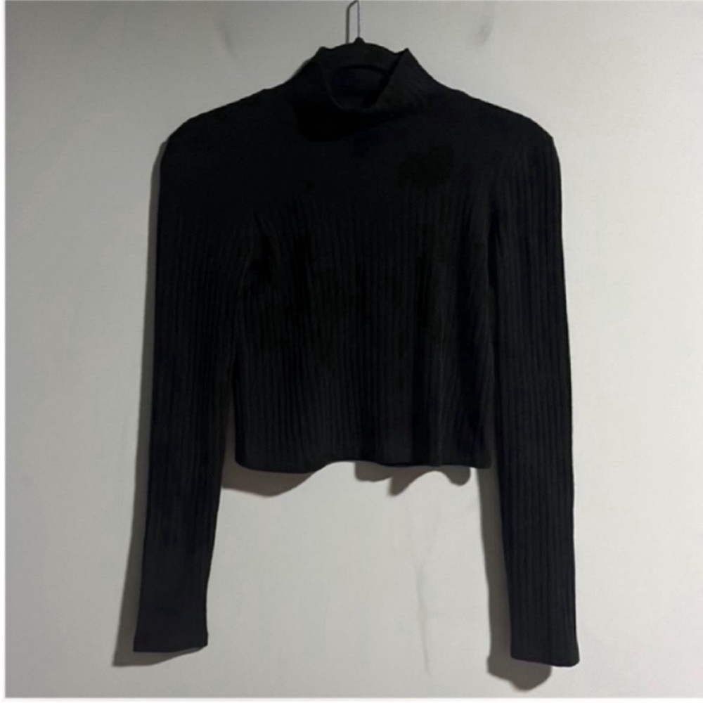 Aritzia Wilfred Free Ribbed Knit Cropped Black Mock Neck Long Sleeve